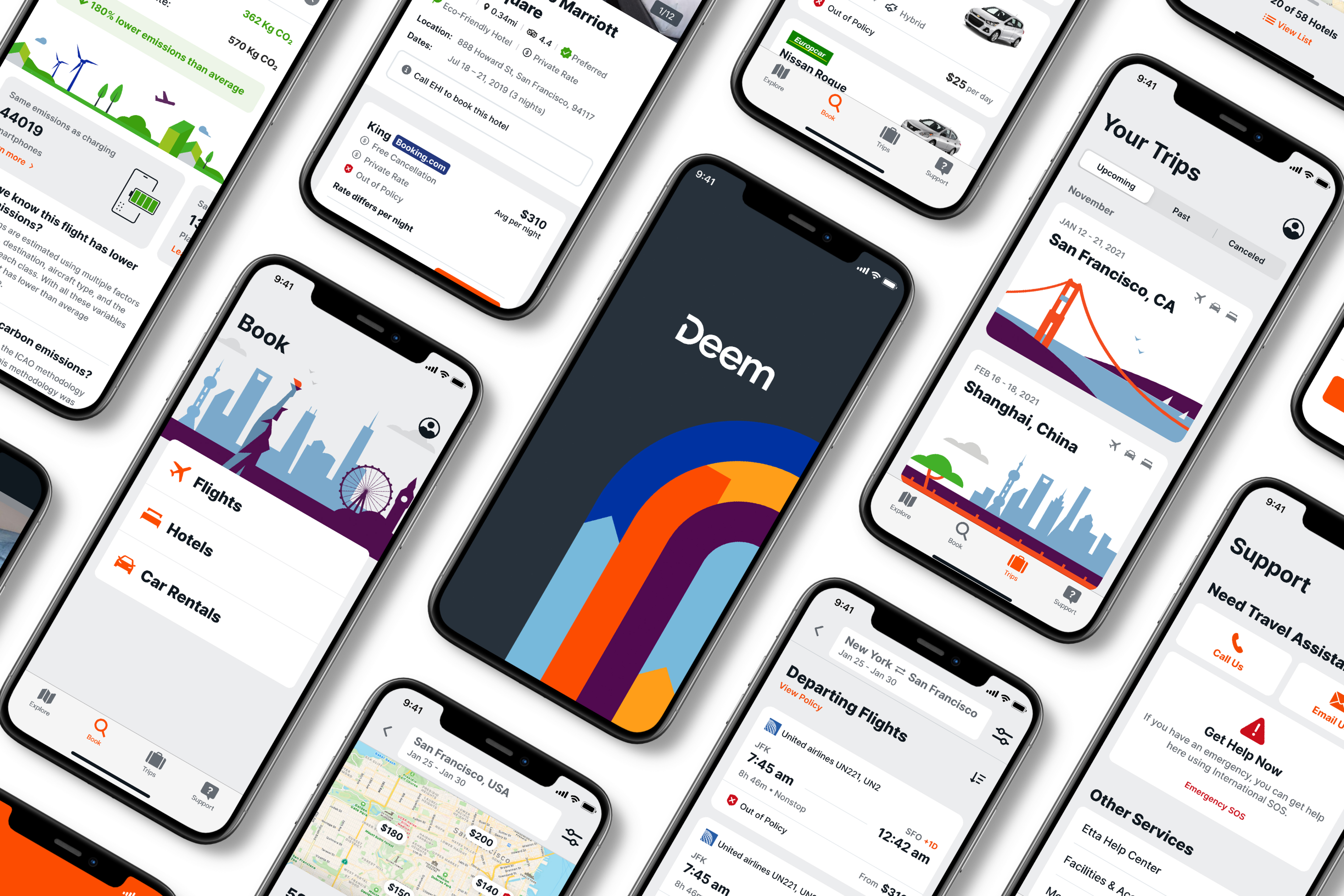 Deem mobile app screens — Book, Trips, and Support views across multiple phones