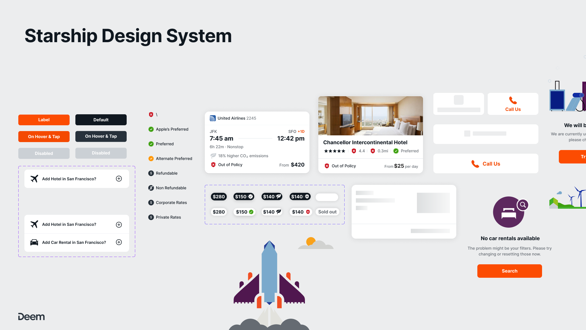 Starship Design System — buttons, status indicators, flight cards, hotel cards, and empty states