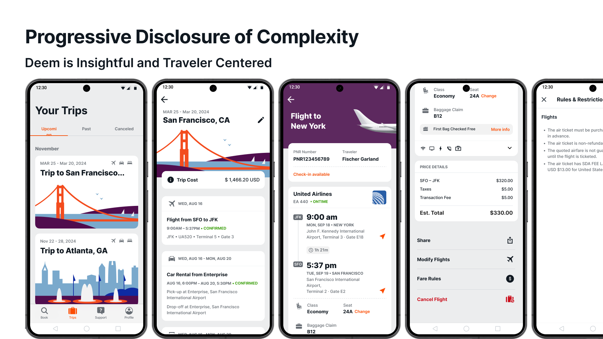 Trip management screens — Your Trips, trip detail, flight status, price details, and rules on mobile