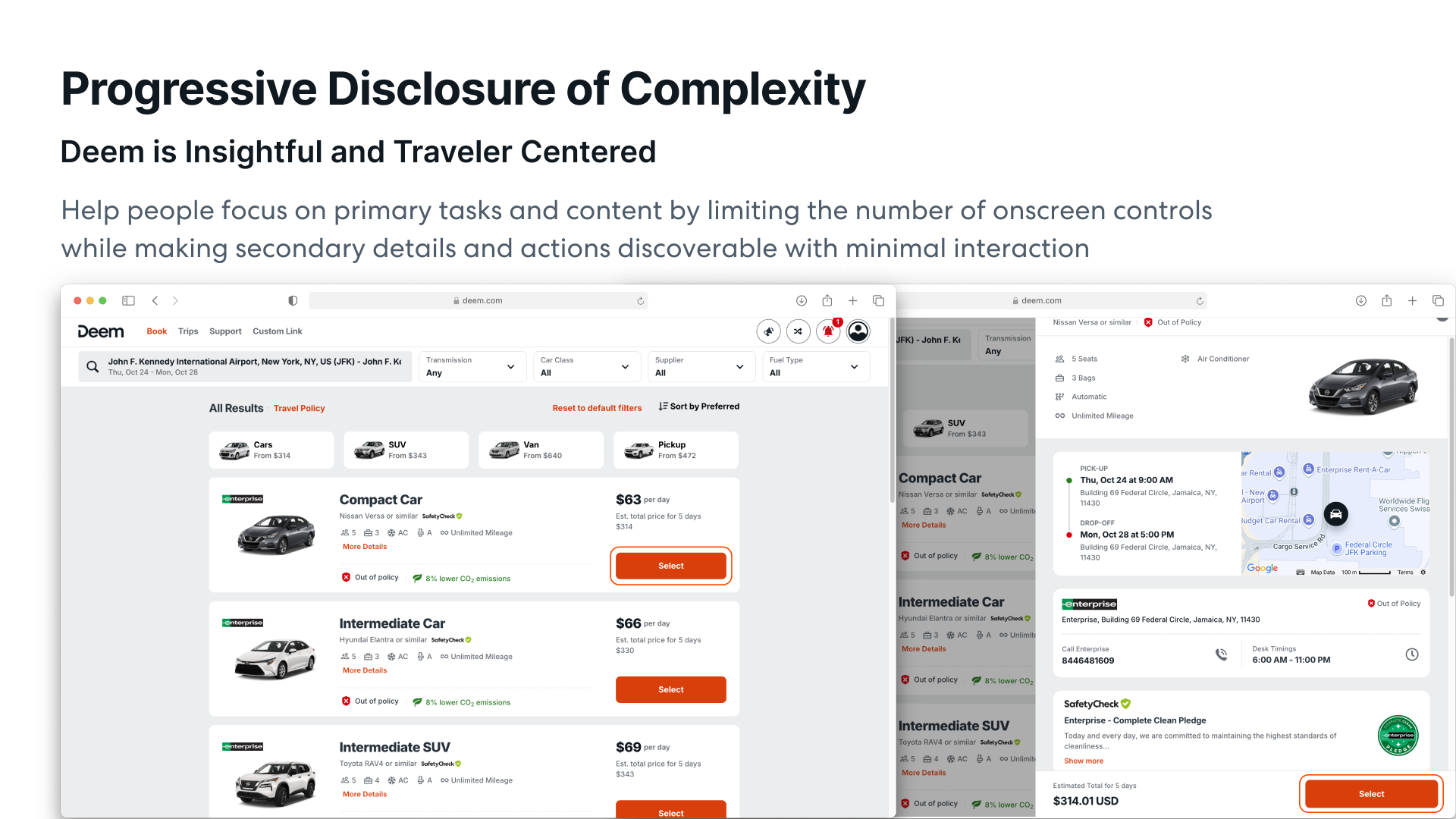 Car rental search on desktop — list view with map, and expanded car detail panel