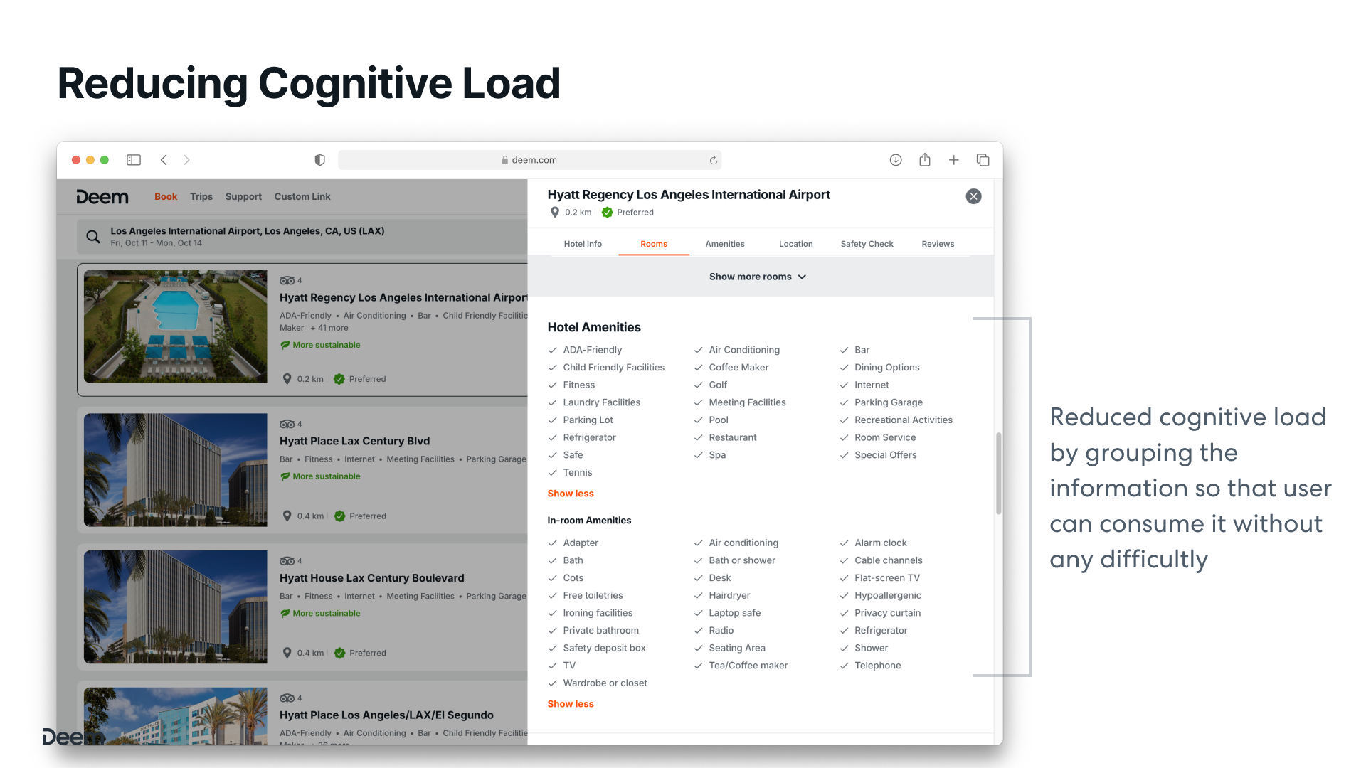 Reducing cognitive load — hotel amenities grouped by category for easy scanning