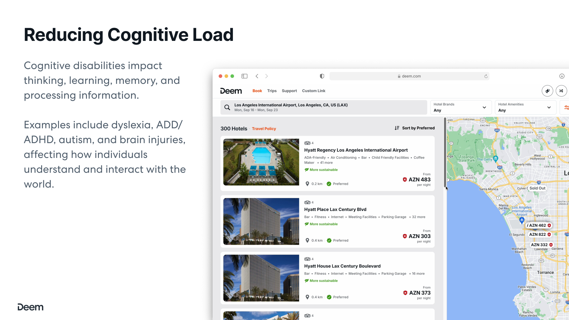 Reducing cognitive load — hotel list with map view showing 300 hotels in Los Angeles