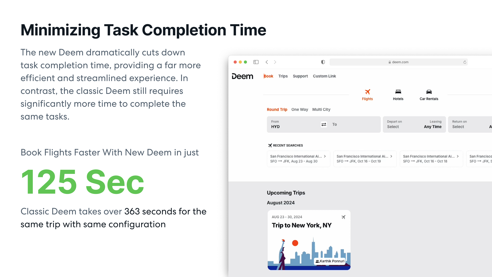 Minimising task completion time — New Deem homepage with recent searches and upcoming trips
